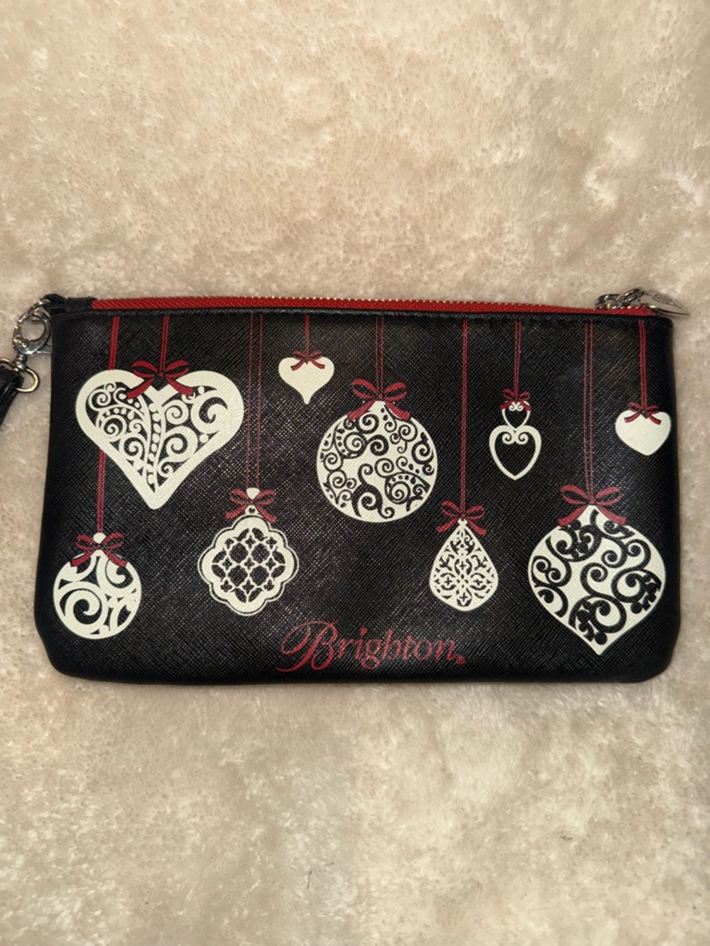 Brighton Black Wristlet with White Ornament Accents and Red Trim